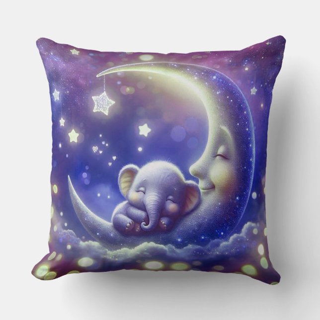 Coussin Éléphant de bébé mignon dormant sur une lune (Recto)