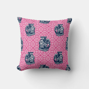 Coussin Éléphant de chinoiserie sur bambou - Navy et rose