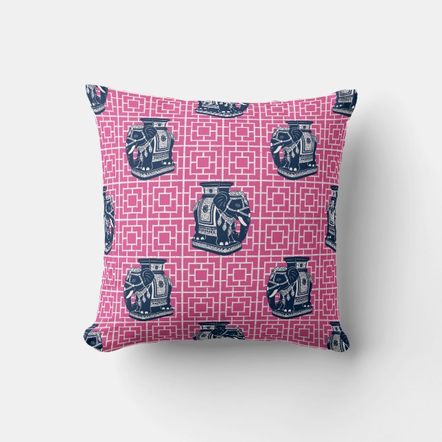 Coussin Éléphant de chinoiserie sur bambou - Navy et rose  (Recto)