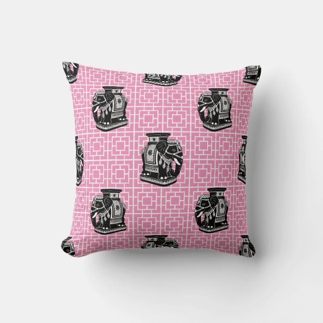 Coussin Éléphant de chinoiserie sur bambou - Noir et rose (Recto)
