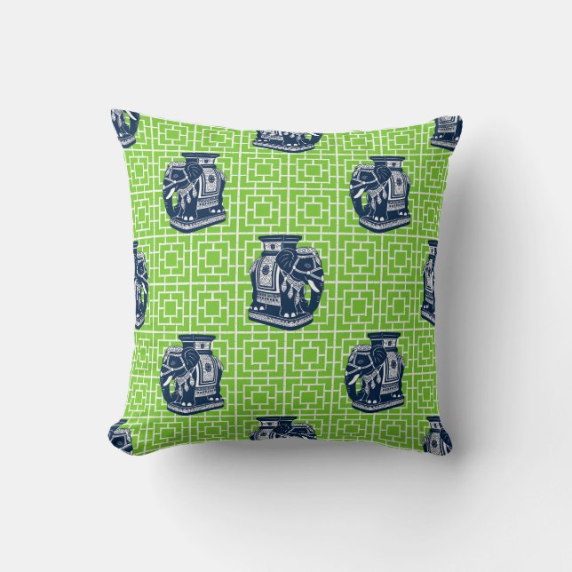Coussin Éléphant de chinoiserie sur bambou - Nuit et Lime (Recto)