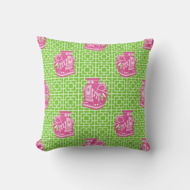 Coussin Éléphant de chinoiserie sur bambou - Rose Chaud et (Recto)