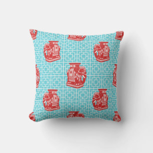 Coussin Éléphant de chinoiserie sur bambou - Rouge et turq