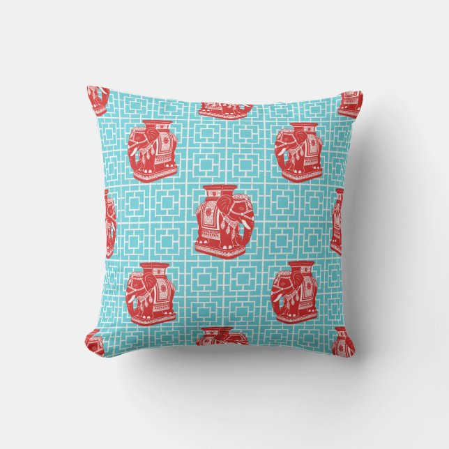 Coussin Éléphant de chinoiserie sur bambou - Rouge et turq (Recto)