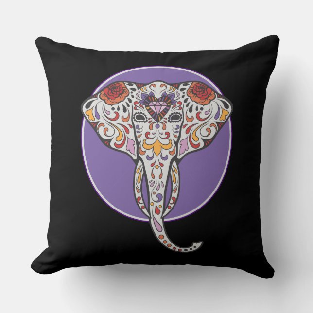 Coussin Éléphant de crâne de sucre en cercle pourpre (Recto)