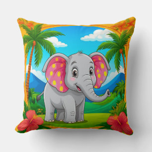 Coussin Éléphant de dessin animé coloré dans un paysage tr