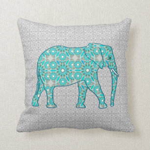 Coussin Éléphant de fleur de mandala - turquoise, gris et