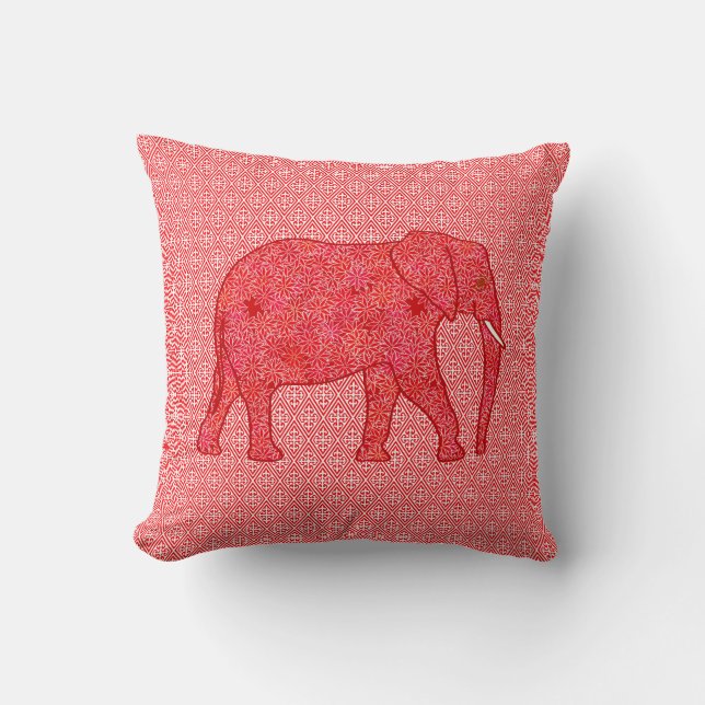 Coussin Eléphant de fleurs - rouge profond et corail (Recto)
