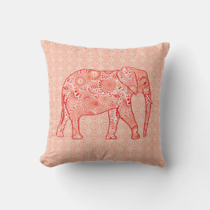 Coussin Éléphant en spirale fractale - corail orange et bl