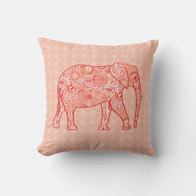 Coussin Éléphant en spirale fractale - corail orange et bl (Recto)