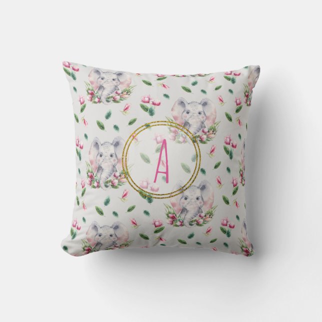 Coussin ÉLÉPHANT Floral Monogramme Girl rose chambre à cou (Recto)