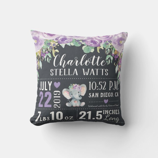 Coussin Eléphant Floral Violet Nouveau bébé Fille statisti (Recto)