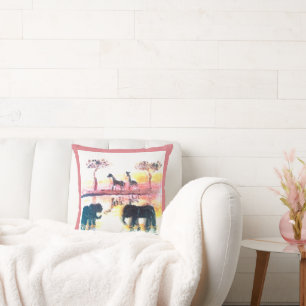 Coussin Elephant, Giraffe Safari Sunset Art