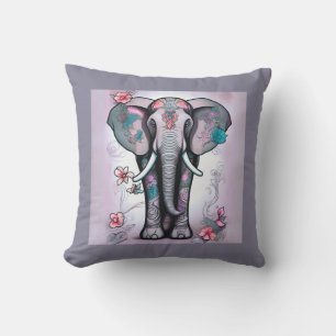 Coussin Éléphant indien gris orné de fleurs