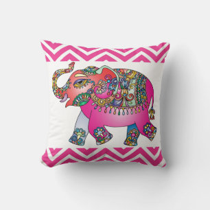 Coussin Eléphant indien rose et vert