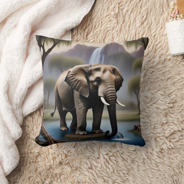 Coussin Eléphant majestueux par Cascade paisible à Dusk (Couverture)