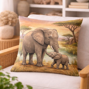 Coussin Éléphant Maman et Animaux de Safari pour Petit