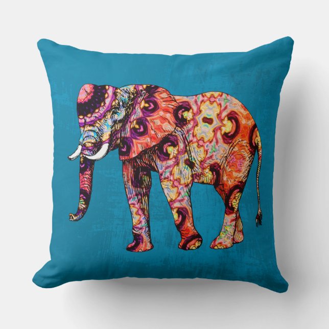 Coussin Eléphant multicolore coloré sur Arrière - plan ble (Recto)