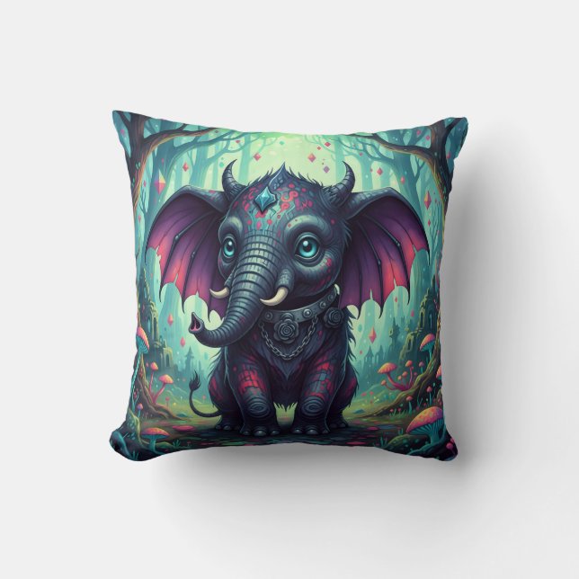 Coussin Elephant mystique ailé dans la forêt enchantée (Recto)