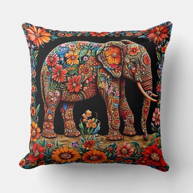 Coussin Éléphant Orné de Motifs Floraux Vibrants (Recto)