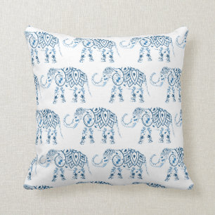 Coussin Eléphant tribal bleu Mandala sur blanc