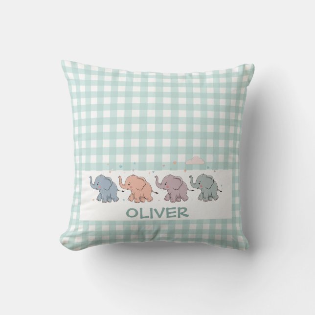 Coussin Éléphants de dessin animé mignons à carreaux (Recto)
