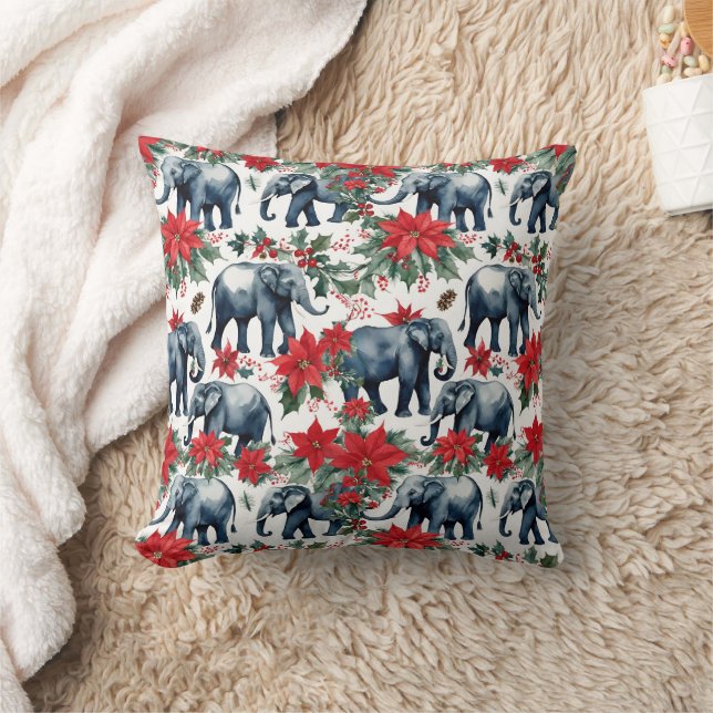 Coussin Éléphants De Noël Avec Poinsettias (Couverture)