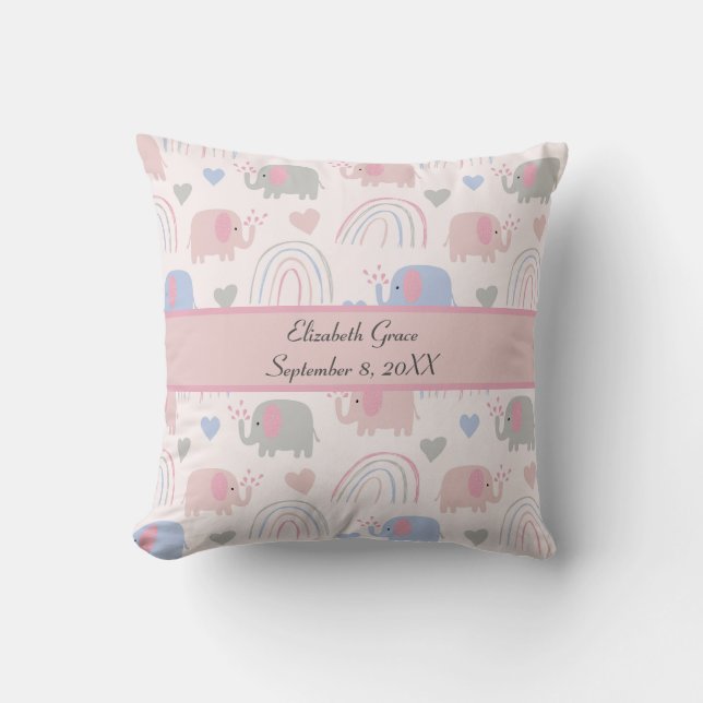 Coussin Éléphants Rose Bleu Arc-en-ciel Nurserie  (Recto)