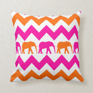 Coussin Eléphants roses chauds et orange Chevron Stripes