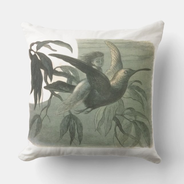 Coussin Elf Fairies Elves Lune Scène nocturne Oiseau Volan (Recto)