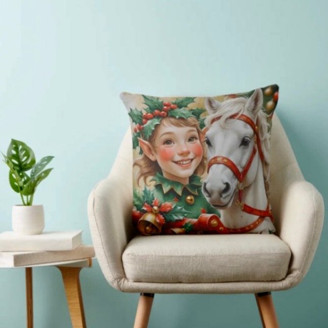 Coussin Elfe de Noël Bells Holly et Horse (Throw Pillow 100% polyester heavyweight stretch material. Hidden zipper Made in the USA.
)