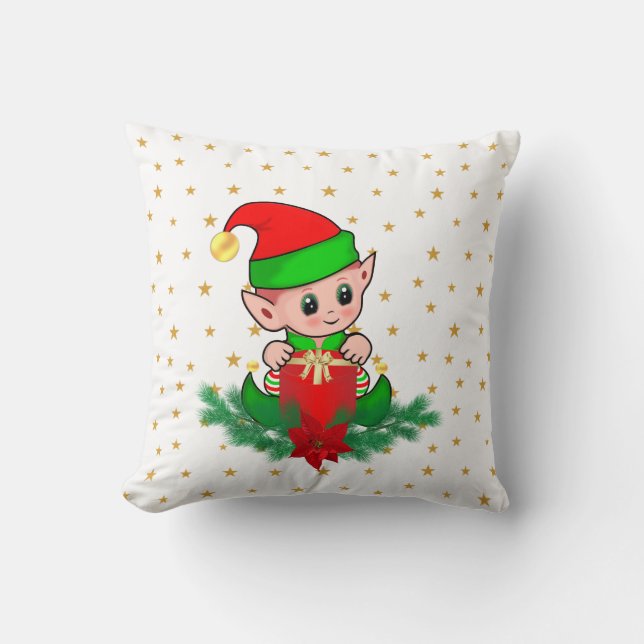 Coussin elfe de Noël, pin, poinsettia & stars (Recto)