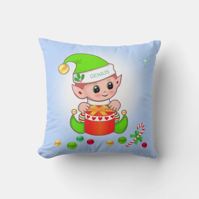 Coussin Elfe de Noël vert et cadeau de Noël sur bleu clair (Recto)