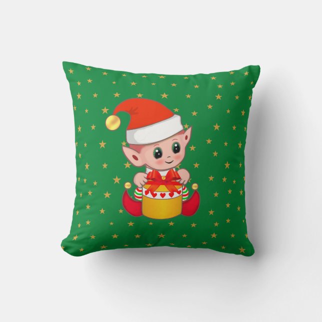 Coussin elfe et étoiles de Noël en vert (Recto)