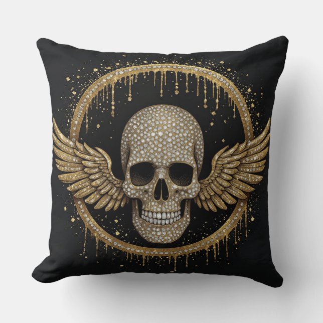 Coussin ☠️ Emblème de crâne à halo doré pour cadeaux de st (Recto)