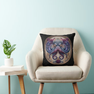 Coussin Emblème de pieuvre Steampunk avec roses violettes