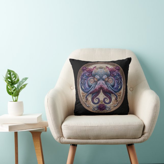 Coussin Emblème de pieuvre Steampunk avec roses violettes  (Chaise)