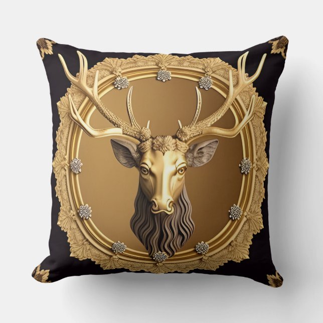 Coussin Emblème élégant de cerf doré avec cadre orné (Recto)