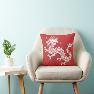 Coussin Emblème tribal du dragon chinois vintage rouge