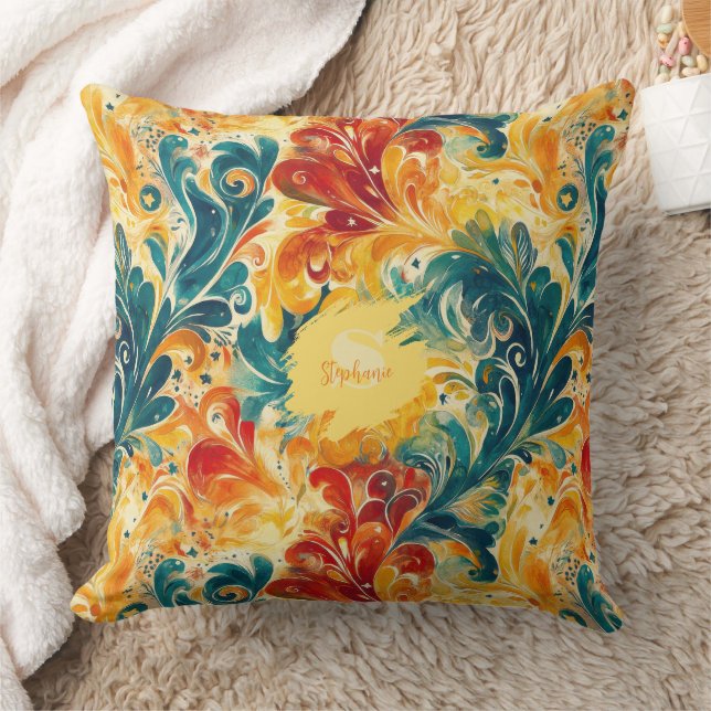 Coussin Emerald Green & Gold Abstrait Paisley Feuilles (3) (Couverture)