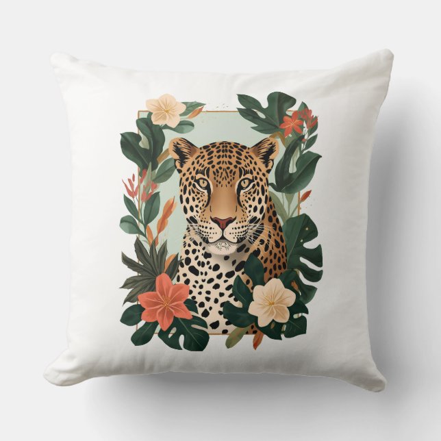 Coussin Emerald Jaguar Tropical Botanical Throw Pillow (Recto)