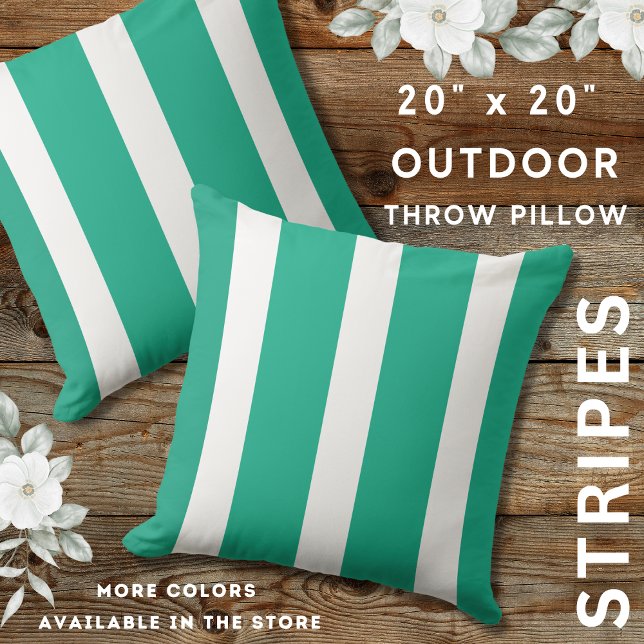 Coussin Émeraude Gras Vert Et Blanc (Emerald green And White Outdoor Striped Throw Pillows 20" x 20")