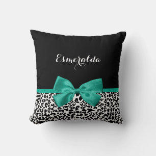 Coussin Empreinte de léopard Emerald Green Ribbon Bow Chic