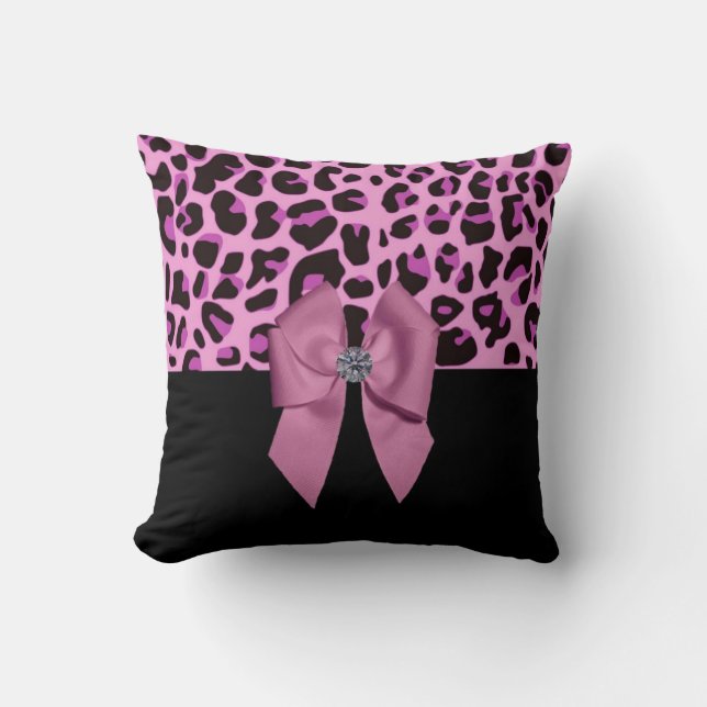 Coussin Empreinte de léopard rose avec Bow et Diamond (Recto)