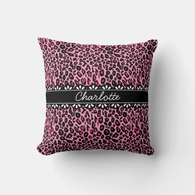 Coussin Empreinte de léopard rose et dentelle tendance (Recto)
