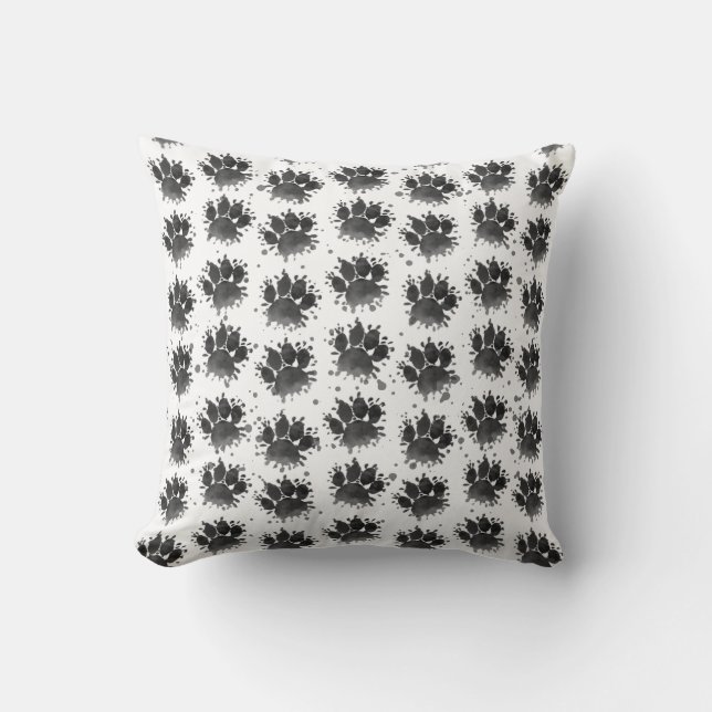 Coussin Empreinte de patte de chien à l'aquarelle noir et  (Recto)