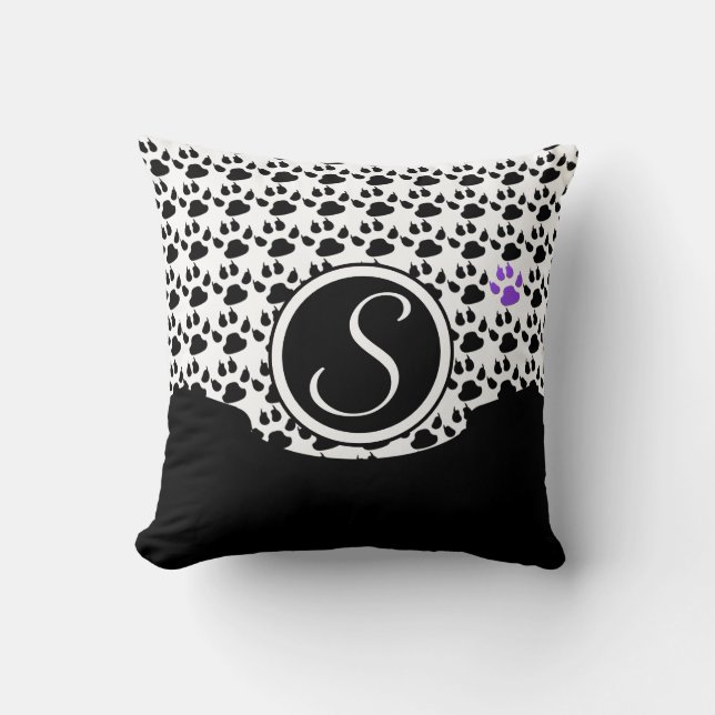 Coussin Empreinte de patte noir, blanc et violet (Recto)