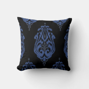 Coussin Empreinte ikat trithique bleu chic et noir damassé