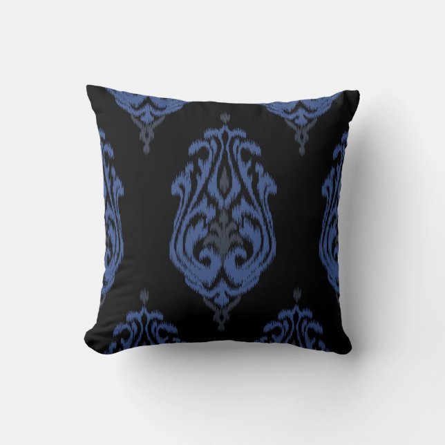 Coussin Empreinte ikat trithique bleu chic et noir damassé (Recto)