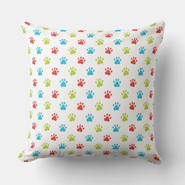 COUSSIN EMPREINTES DE PATTES BLEU VERT ROUGE ET BONNES DE  (Recto)